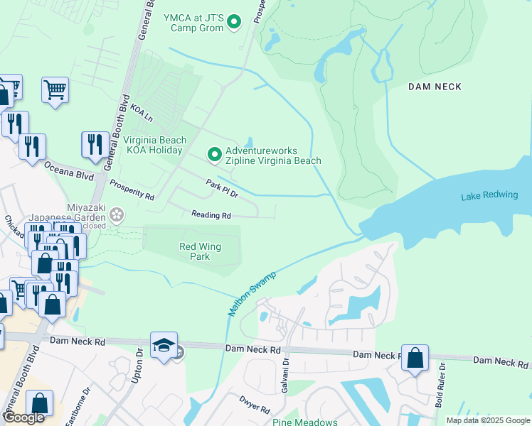 map of restaurants, bars, coffee shops, grocery stores, and more near 818 Reading Road in Virginia Beach