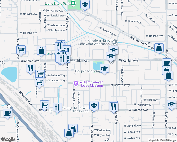 map of restaurants, bars, coffee shops, grocery stores, and more near 4108 North Ricewood Avenue in Fresno