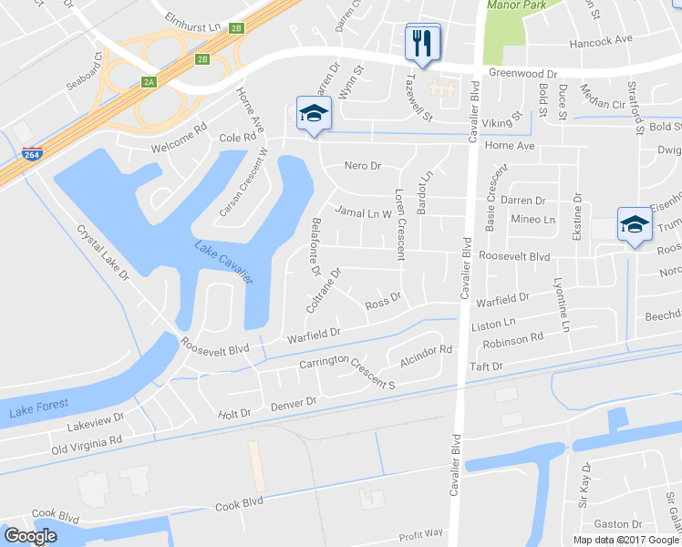 map of restaurants, bars, coffee shops, grocery stores, and more near 1221 Coltrane Drive in Portsmouth