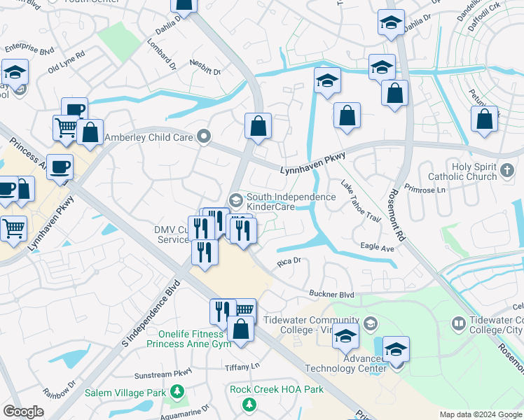 map of restaurants, bars, coffee shops, grocery stores, and more near 3535 Dublin Court in Virginia Beach
