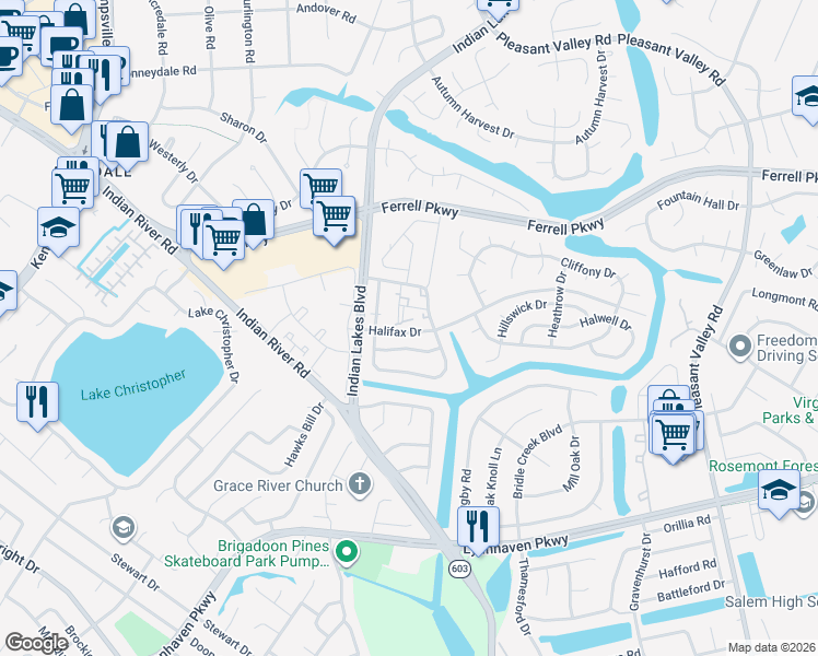 map of restaurants, bars, coffee shops, grocery stores, and more near 5234 Johnstown Lane in Virginia Beach