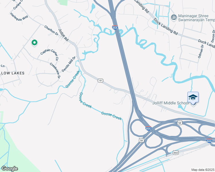 map of restaurants, bars, coffee shops, grocery stores, and more near 1300 Jolliff Road in Chesapeake