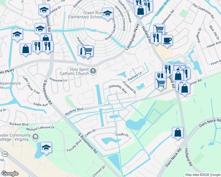 map of restaurants, bars, coffee shops, grocery stores, and more near 3581 Riders Lane in Virginia Beach