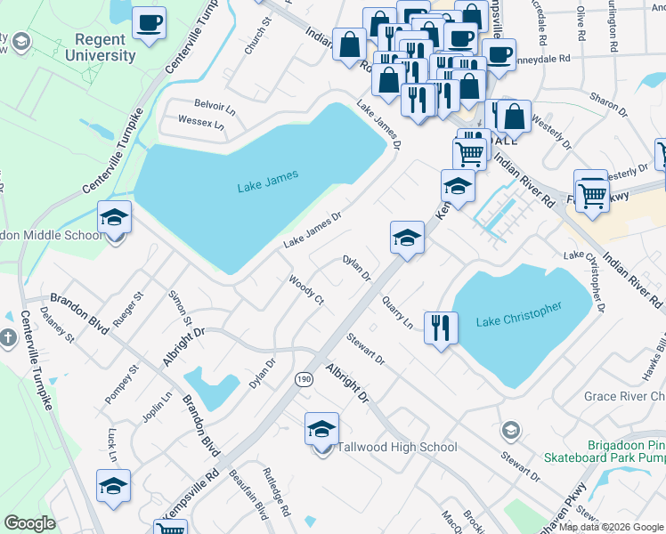 map of restaurants, bars, coffee shops, grocery stores, and more near 1580 Dylan Drive in Virginia Beach