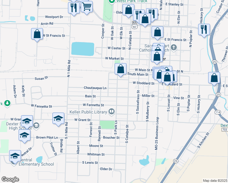 map of restaurants, bars, coffee shops, grocery stores, and more near 120 South Park Lane in Dexter