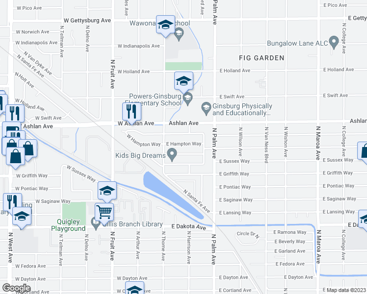 map of restaurants, bars, coffee shops, grocery stores, and more near 82 East Hampton Way in Fresno