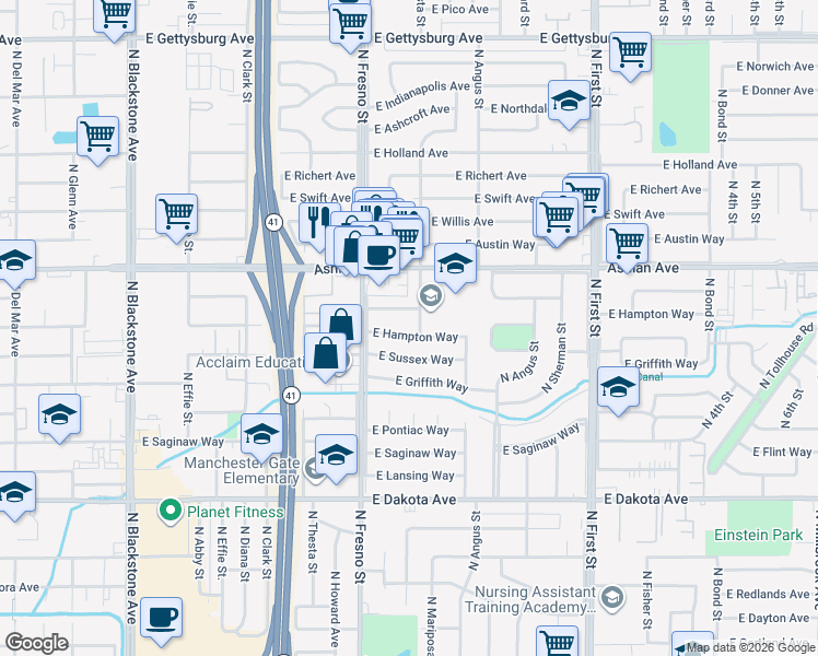 map of restaurants, bars, coffee shops, grocery stores, and more near 2640 East Hampton Way in Fresno