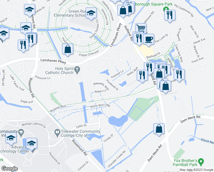 map of restaurants, bars, coffee shops, grocery stores, and more near 1568 Stewards Way in Virginia Beach