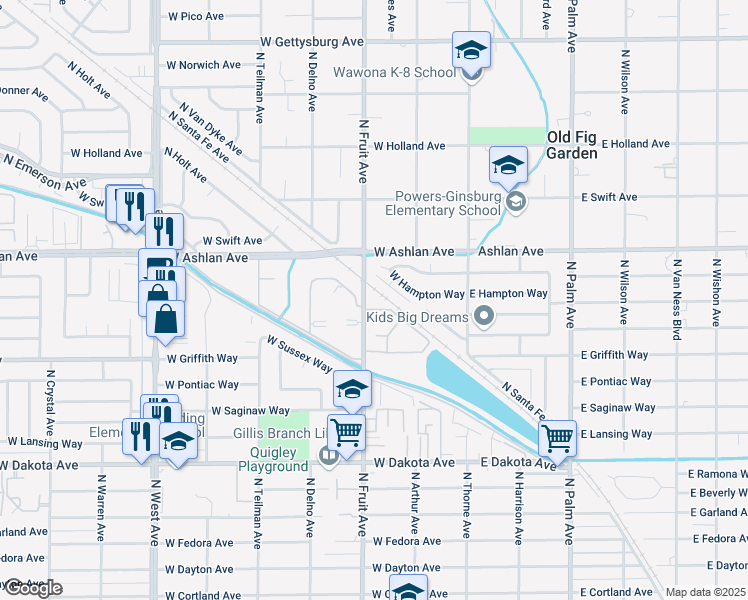 map of restaurants, bars, coffee shops, grocery stores, and more near 4104 North Fruit Avenue in Fresno