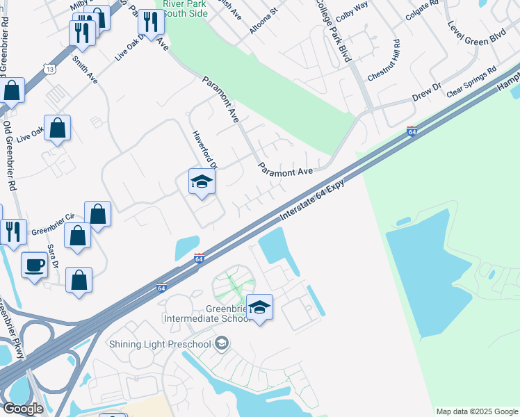 map of restaurants, bars, coffee shops, grocery stores, and more near 12 Penzance Circle in Chesapeake