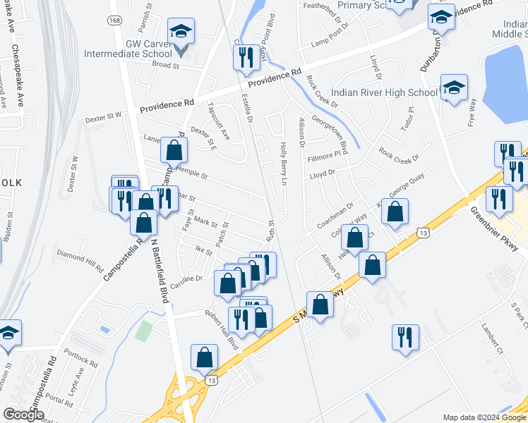 map of restaurants, bars, coffee shops, grocery stores, and more near 2100 Ruth Street in Chesapeake
