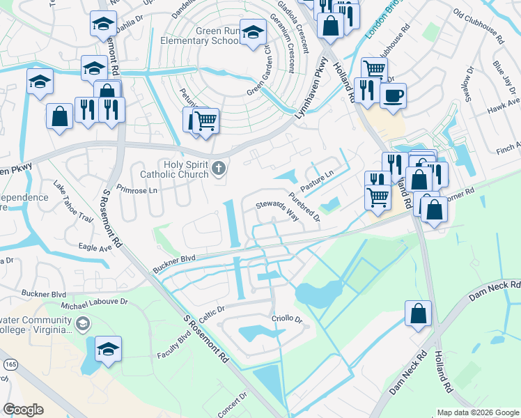 map of restaurants, bars, coffee shops, grocery stores, and more near 3581 Riders Lane in Virginia Beach