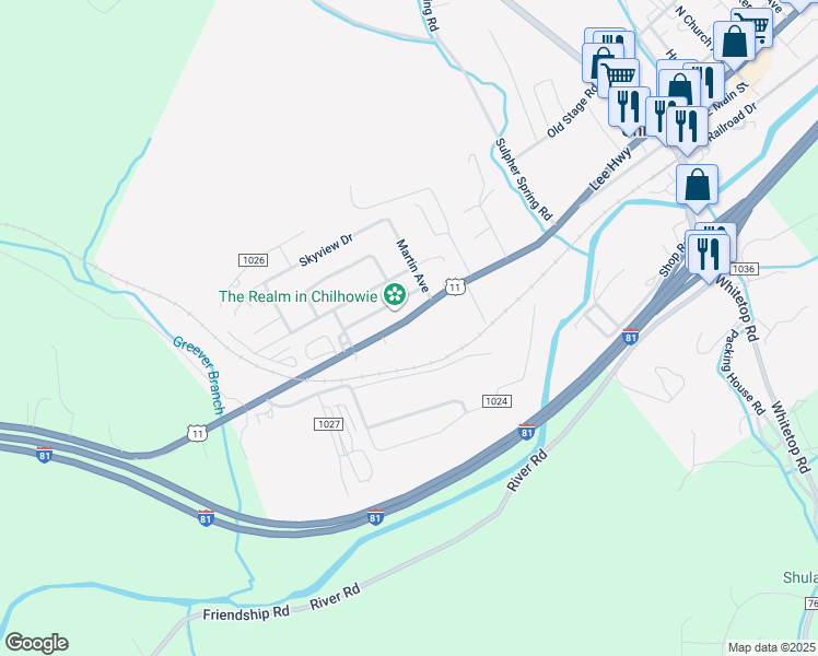 map of restaurants, bars, coffee shops, grocery stores, and more near 1180 West Lee Highway in Chilhowie