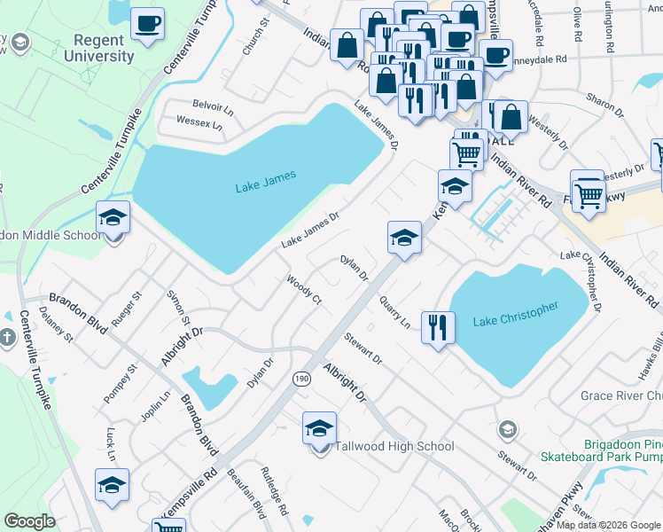 map of restaurants, bars, coffee shops, grocery stores, and more near 1580 Dylan Drive in Virginia Beach