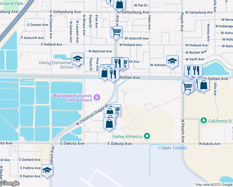 map of restaurants, bars, coffee shops, grocery stores, and more near 4092 North Chestnut Diagonal in Fresno
