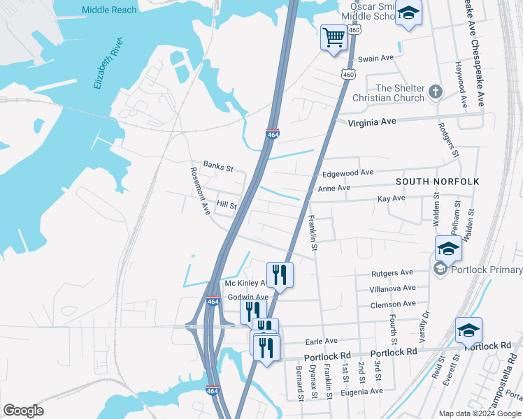 map of restaurants, bars, coffee shops, grocery stores, and more near 929 Hill Street in Chesapeake