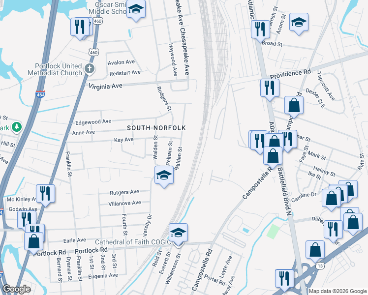 map of restaurants, bars, coffee shops, grocery stores, and more near 3011 Southport Avenue in Chesapeake