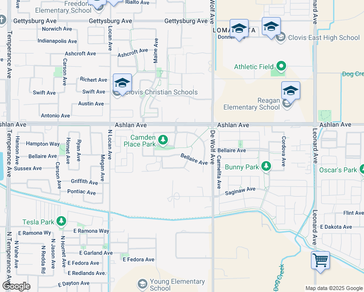 map of restaurants, bars, coffee shops, grocery stores, and more near 3267 Bellaire Avenue in Clovis