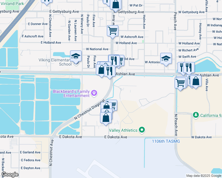 map of restaurants, bars, coffee shops, grocery stores, and more near 4092 North Chestnut Diagonal in Fresno