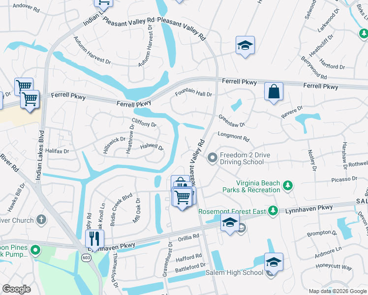 map of restaurants, bars, coffee shops, grocery stores, and more near 4900 Willow Pointe Lane in Virginia Beach