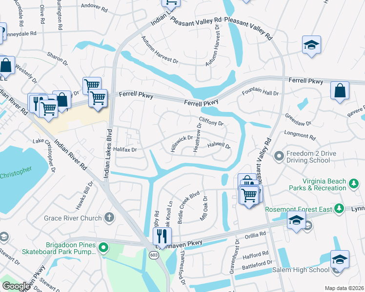 map of restaurants, bars, coffee shops, grocery stores, and more near 5053 Hillswick Drive in Virginia Beach