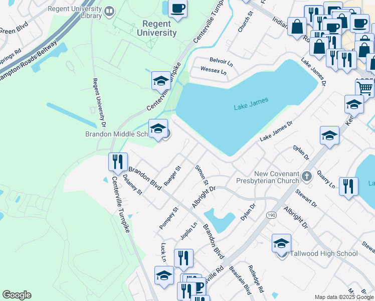 map of restaurants, bars, coffee shops, grocery stores, and more near 1693 Rueger Street in Virginia Beach