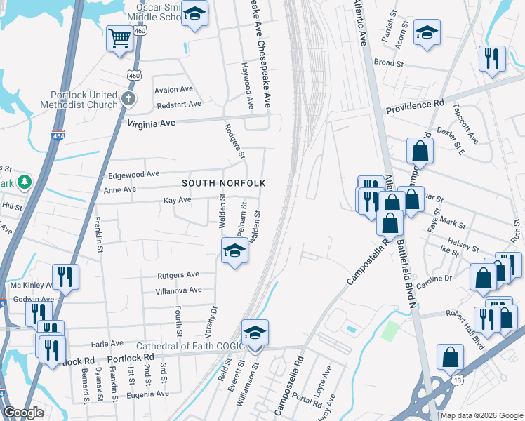 map of restaurants, bars, coffee shops, grocery stores, and more near 3011 Southport Avenue in Chesapeake