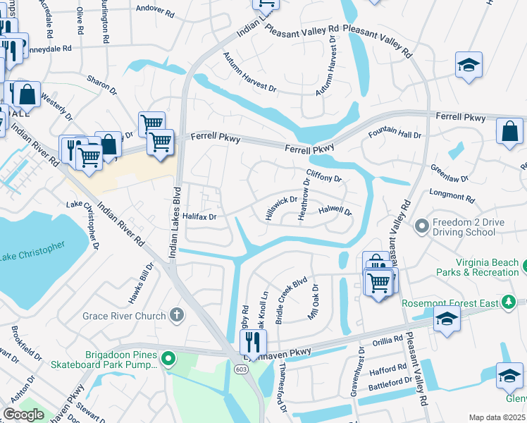 map of restaurants, bars, coffee shops, grocery stores, and more near 1605 Hathern Court in Virginia Beach