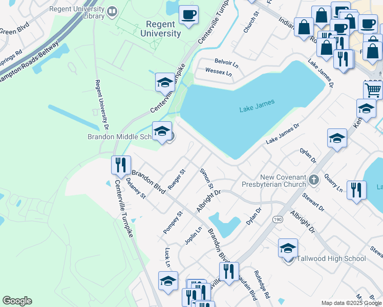 map of restaurants, bars, coffee shops, grocery stores, and more near 1693 Rueger Street in Virginia Beach