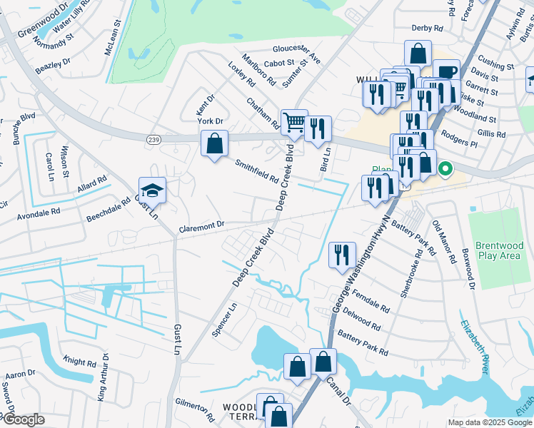 map of restaurants, bars, coffee shops, grocery stores, and more near 5124 Deep Creek Boulevard in Portsmouth