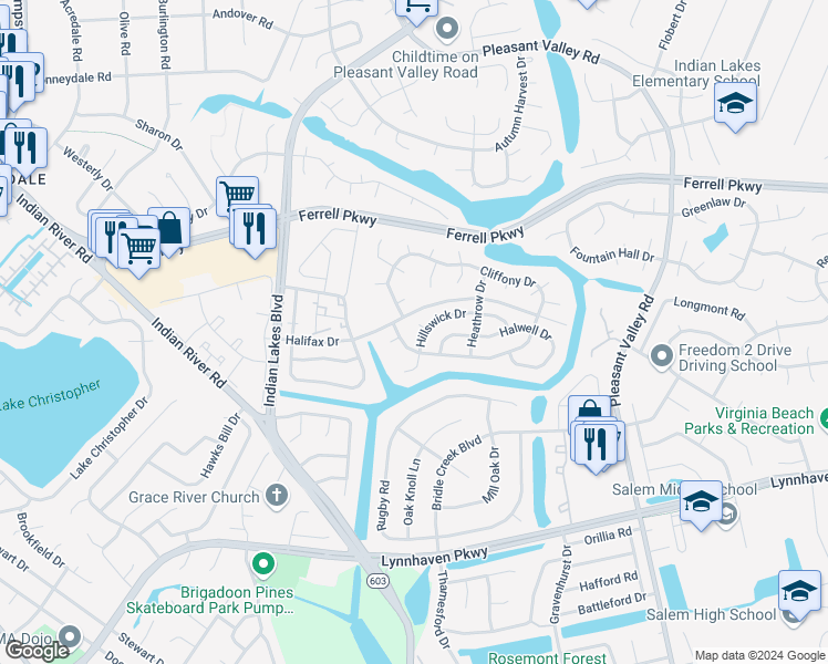 map of restaurants, bars, coffee shops, grocery stores, and more near 1605 Hathern Court in Virginia Beach