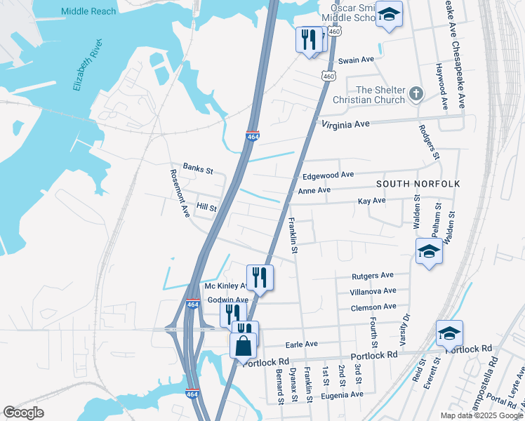 map of restaurants, bars, coffee shops, grocery stores, and more near 1016 Middle Street in Chesapeake