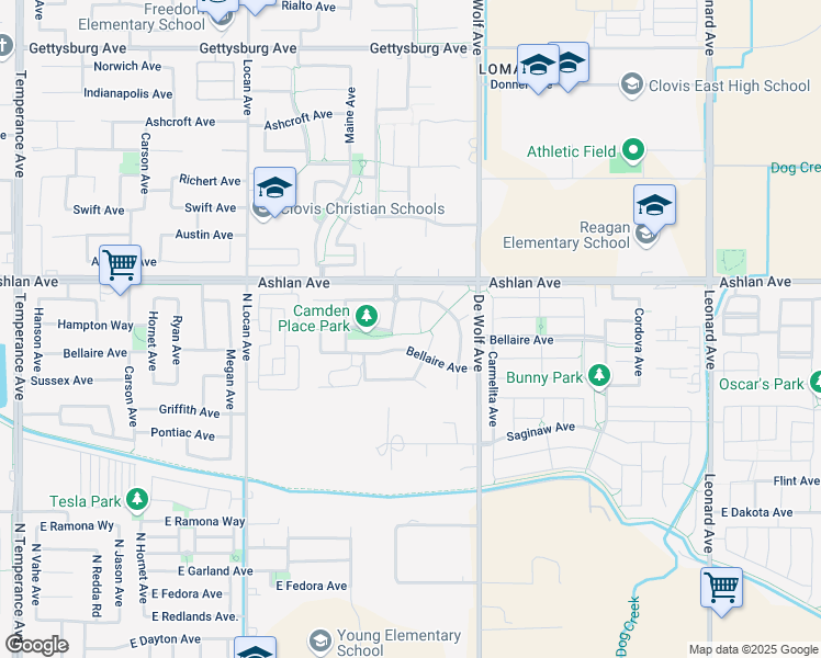 map of restaurants, bars, coffee shops, grocery stores, and more near 3267 Bellaire Avenue in Clovis