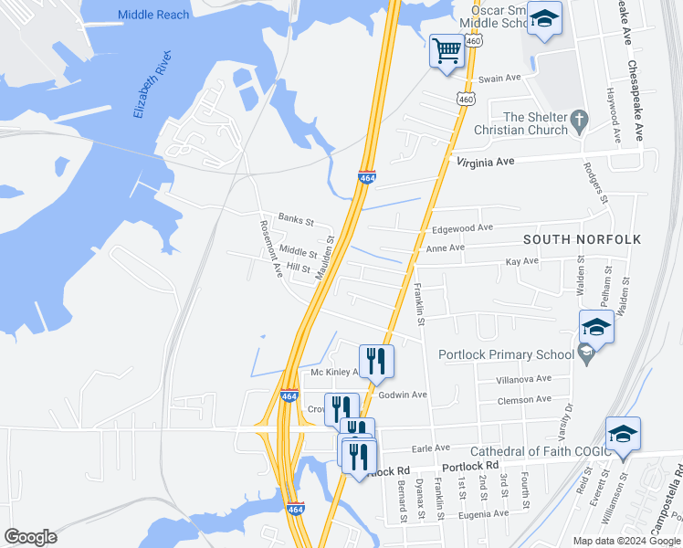map of restaurants, bars, coffee shops, grocery stores, and more near 917 Hill Street in Chesapeake