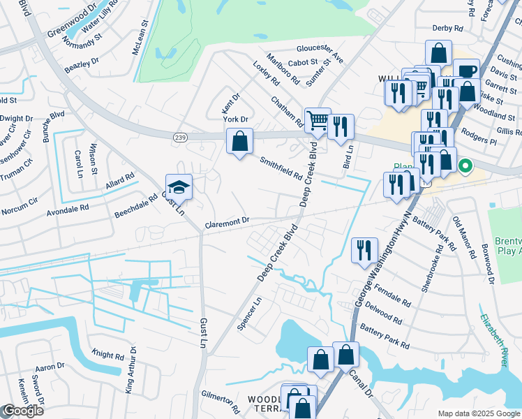 map of restaurants, bars, coffee shops, grocery stores, and more near 13 Holly Hill Court in Portsmouth