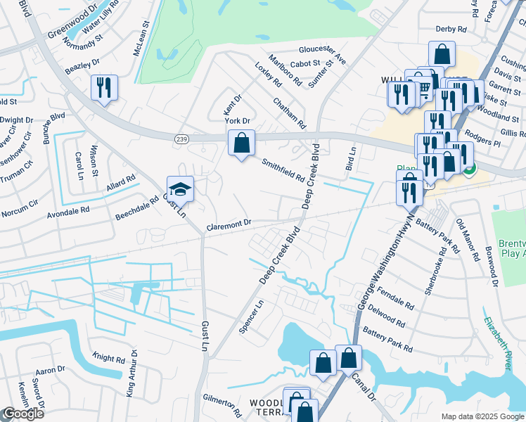 map of restaurants, bars, coffee shops, grocery stores, and more near 13 Holly Hill Court in Portsmouth