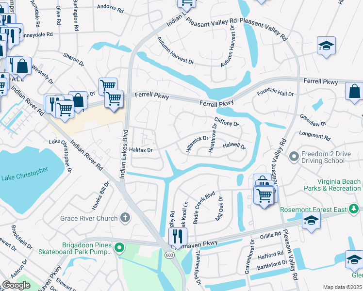 map of restaurants, bars, coffee shops, grocery stores, and more near 4809 Cliffony Drive in Virginia Beach