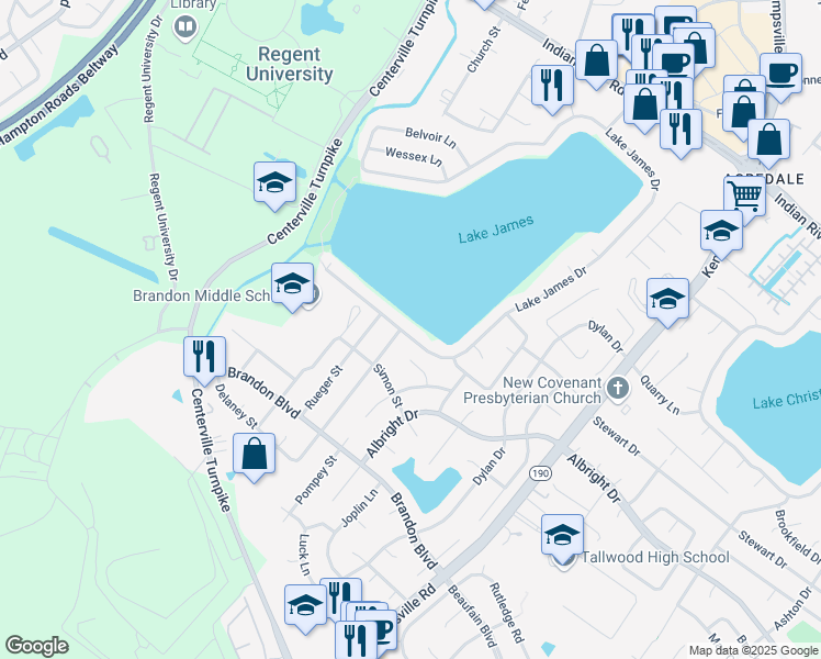map of restaurants, bars, coffee shops, grocery stores, and more near 1529 Lake James Drive in Virginia Beach