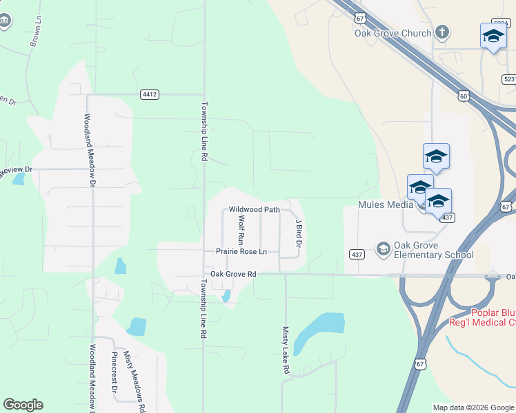 map of restaurants, bars, coffee shops, grocery stores, and more near 3038 Wolf Run in Poplar Bluff