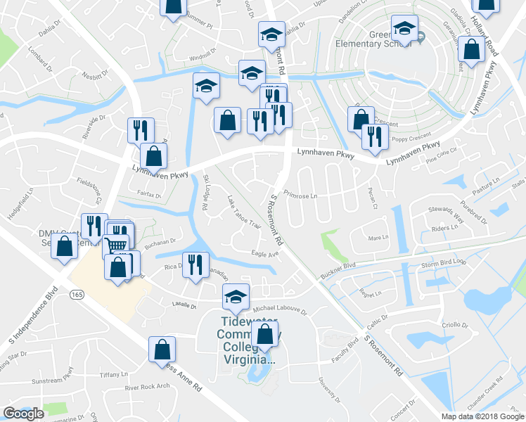 map of restaurants, bars, coffee shops, grocery stores, and more near 1483 Old Oak Arch in Virginia Beach