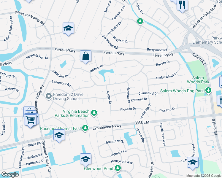 map of restaurants, bars, coffee shops, grocery stores, and more near 1601 Shrewsbury Court in Virginia Beach