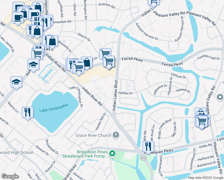 map of restaurants, bars, coffee shops, grocery stores, and more near 1577 Indian Lakes Boulevard in Virginia Beach