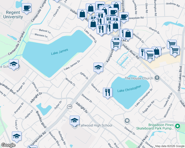 map of restaurants, bars, coffee shops, grocery stores, and more near 1533 Quarry Court in Virginia Beach