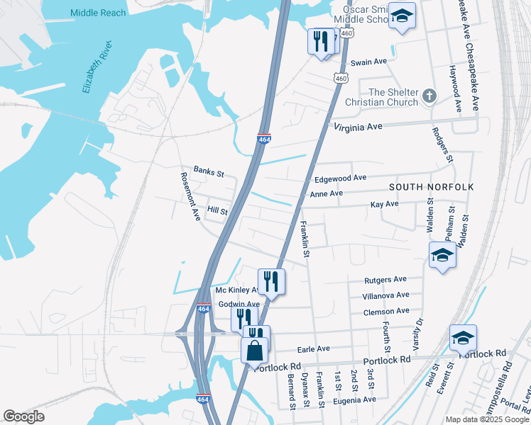 map of restaurants, bars, coffee shops, grocery stores, and more near 1006 Middle Street in Chesapeake