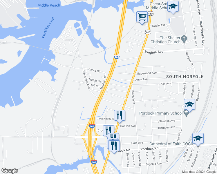 map of restaurants, bars, coffee shops, grocery stores, and more near 917 Hill Street in Chesapeake