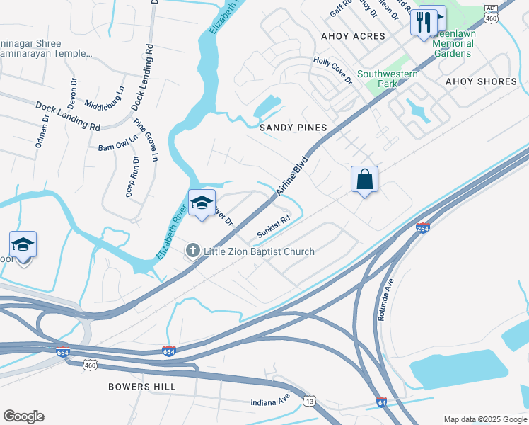 map of restaurants, bars, coffee shops, grocery stores, and more near 4309 Airline Boulevard in Chesapeake