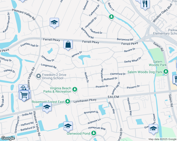 map of restaurants, bars, coffee shops, grocery stores, and more near 1601 Shrewsbury Court in Virginia Beach