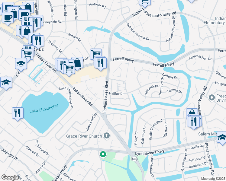 map of restaurants, bars, coffee shops, grocery stores, and more near 1444 Deerpond Lane in Virginia Beach