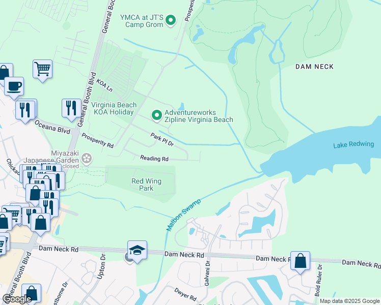 map of restaurants, bars, coffee shops, grocery stores, and more near 818 Reading Road in Virginia Beach