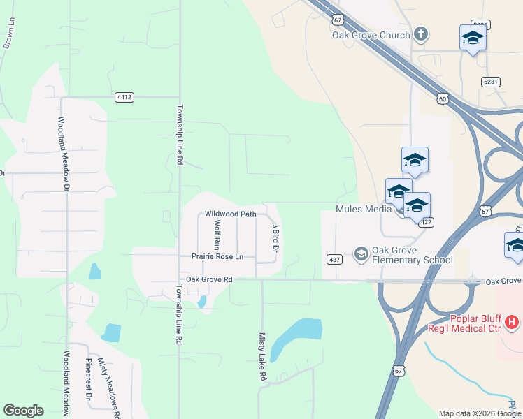 map of restaurants, bars, coffee shops, grocery stores, and more near 2088 Tumbleweed Trail in Poplar Bluff